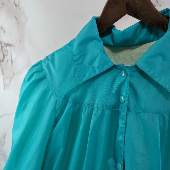 Vintage Jacket Woman Large Turquoise Windbreaker Flannel 80s 90s Puff Grannycore - Picture 2 of 12